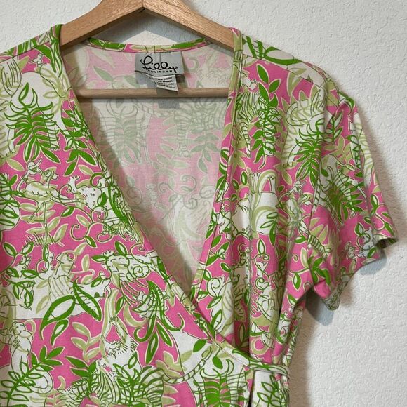 Lilly Pulitzer Vintage Pink Green Safari Floral Wrap Dress Women's Size Large - Picture 2 of 5